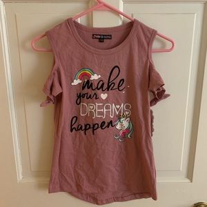 Girls 14/16 Mauve cold shoulder graphic top NWT
